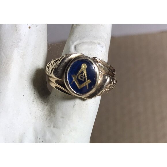 Vintage 14k Yellow Gold Blue Stone Masonic Ring Mason  Vintage  7 Grams Size 9 - Picture 1 of 12
